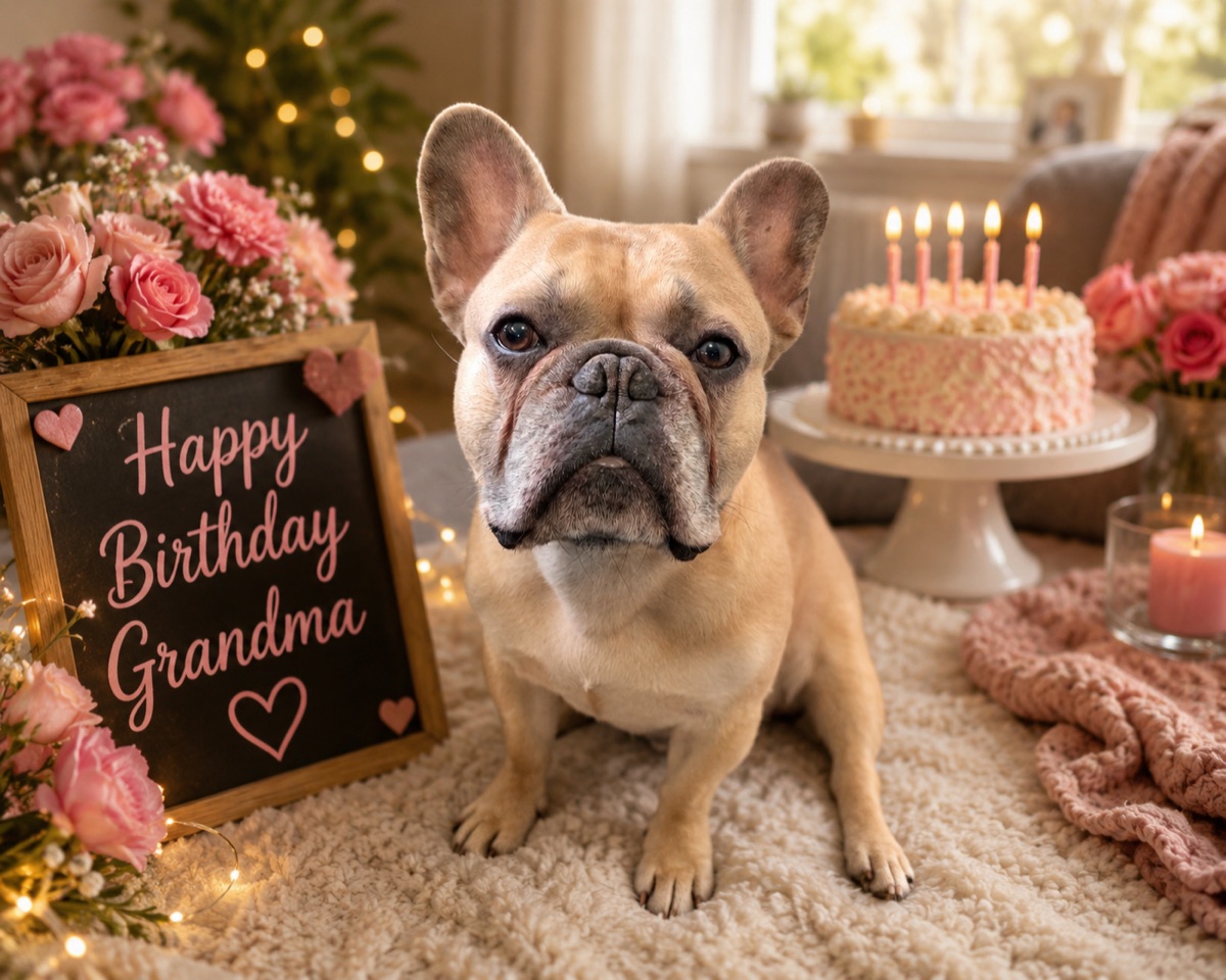 AI digital art: Goku sitting beside a Happy Birthday Grandma sign, roses and a pink birthday cake